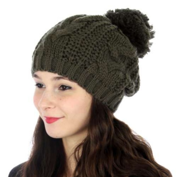 Accessories - LAST 1! Olive slouchy cable knit pom pom beanie
